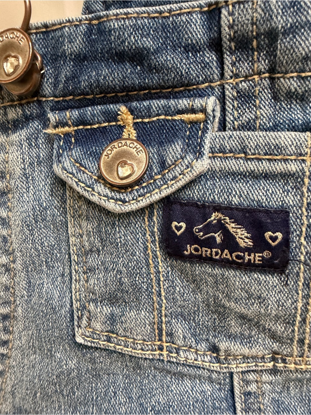 Jordache 5T Girls Denim Overalls with Shimmering Gold Tiered Skirt Jumper - Picture 3 of 7